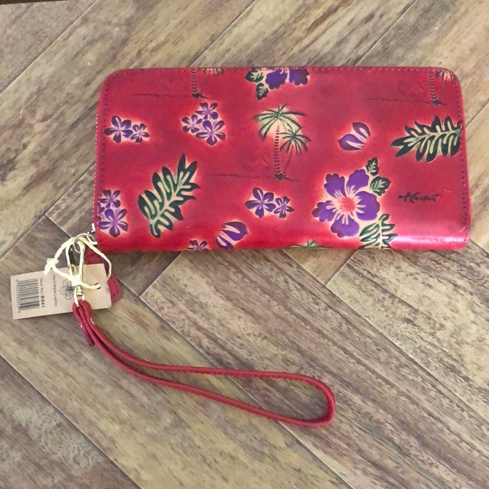 Bright Red Floral Wristlet Wallet Aloha from Hawaii Handmade Leather